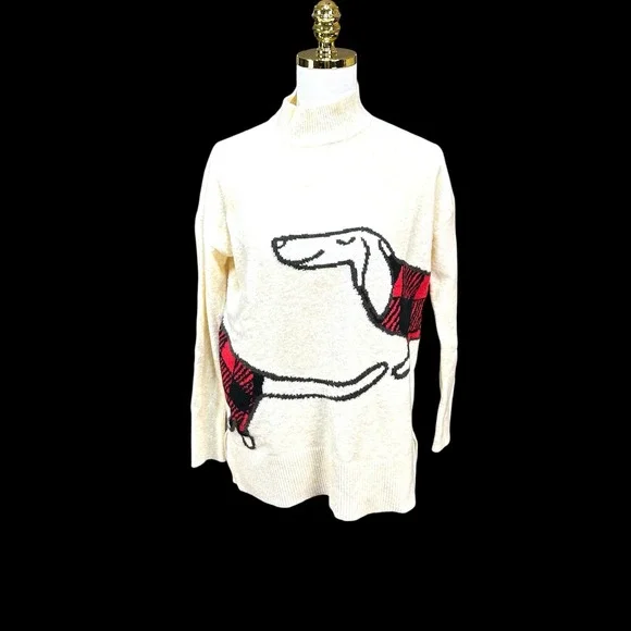 LOFT Womens Ivory Dachshund Buffalo Plaid Mock Neck Sweater Small Dog Graphic - Picture 1 of 8
